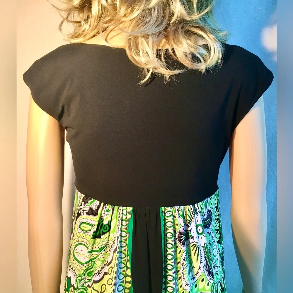 LONDON TIMES Black Green empire waist minidress Short sleeve Square neckline S6 - Picture 8 of 13